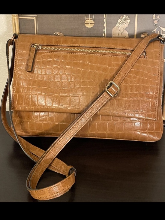 Shwood Handbags - Ashwood Cognac Croc Embossed Leather East West Small Crossbody Bag Purse